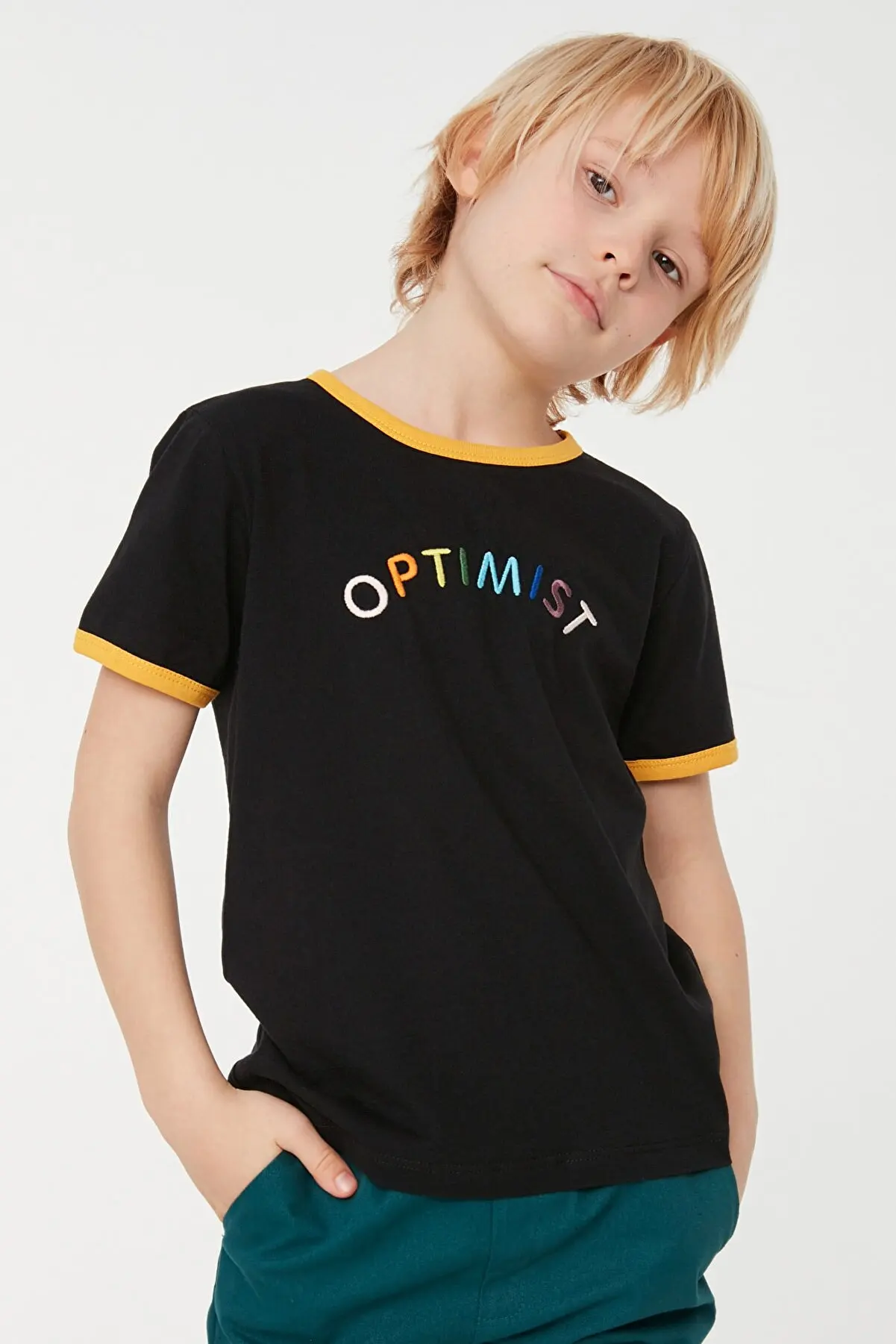 Black Slogan Embroidered Male Child Knitted T-Shirt