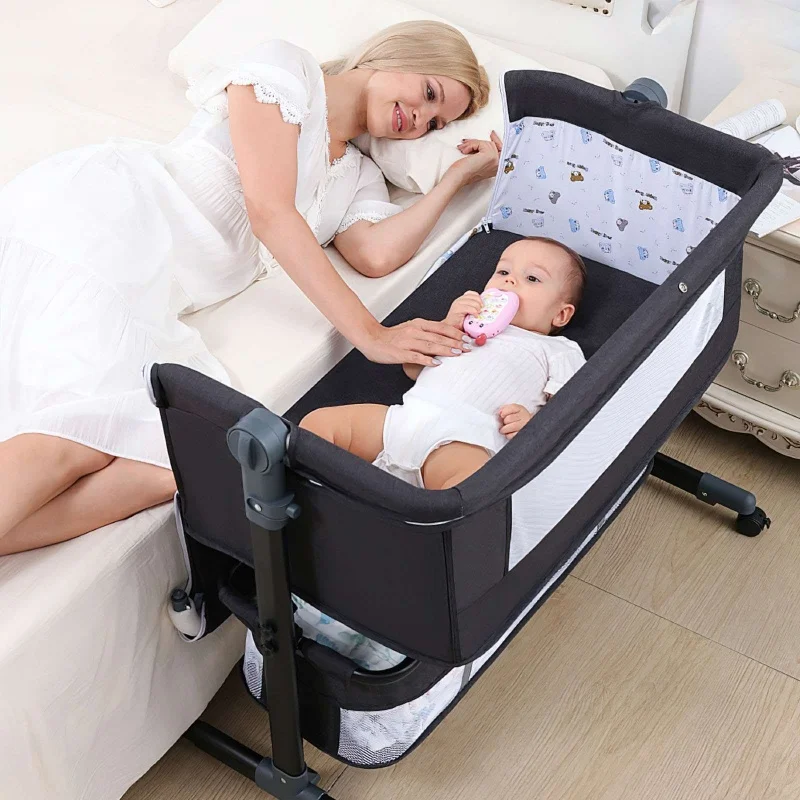 Nursery Bed with Mosquito Net Large Storage Bag Changing Bed Height Adjustable Travel Portable Crib Newborn Baby Boys & Girls