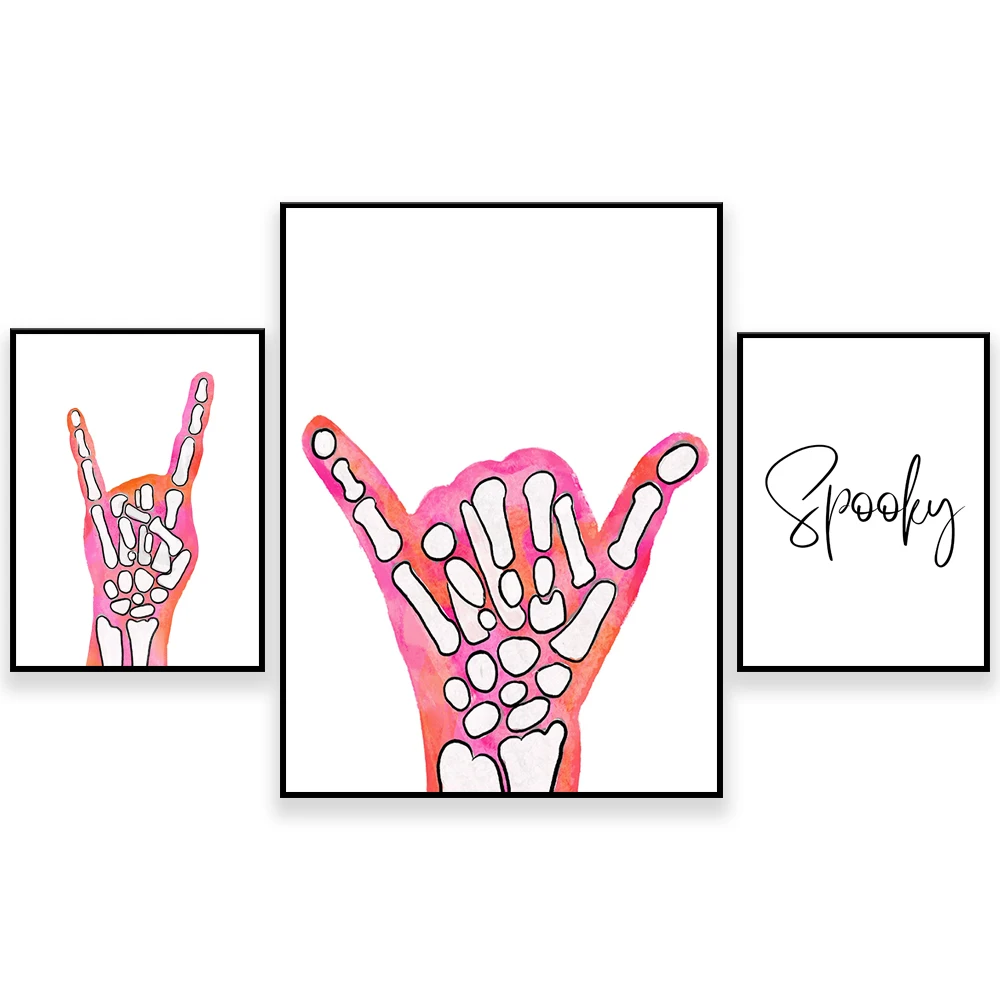 Halloween Sign, Pink and Orange Shaka and Peace Sign Art Poster, Spooky Holiday Wall Art, Skull Hand Shaka Sign, Autumn Painting