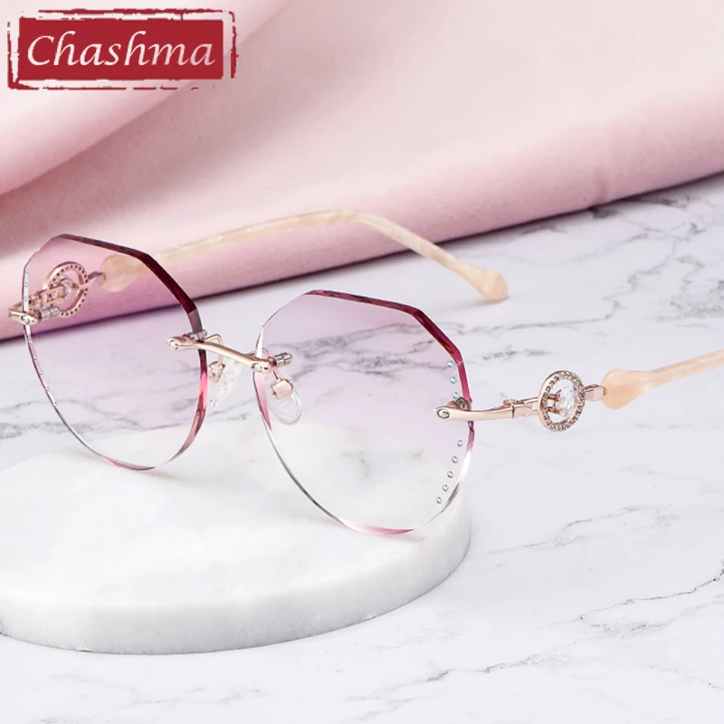 

Chashma Prescription Glasses Women Big Round Fashion Diamond Trimmed Rimless Spectacles Eyeglasses Frames Titanium Tint Lenses
