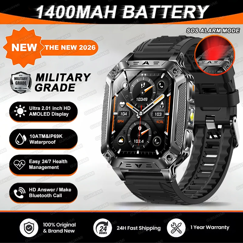 2026 TANK Nieuwe 1400mAh Militaire GPS Smart Watch Mannen 2.01 "AMOLED Scherm 10ATM Waterdichte Klok SOS Oproep Zaklamp Smartwatch iOS