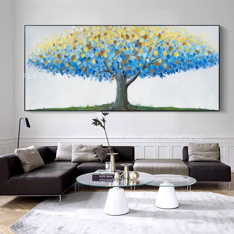 

100% Handmade thick knife tree foest large size heavy colorful yellow and blue Oil painting on Canvas Art Classic Cuadros Decor