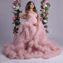 Różowa sukienka ciążowa z falbankami do sesji zdjęciowej Off Shoulder sukienka na studniówkę strój imprezowy ciąża Babyshower szlafrok dostosowany