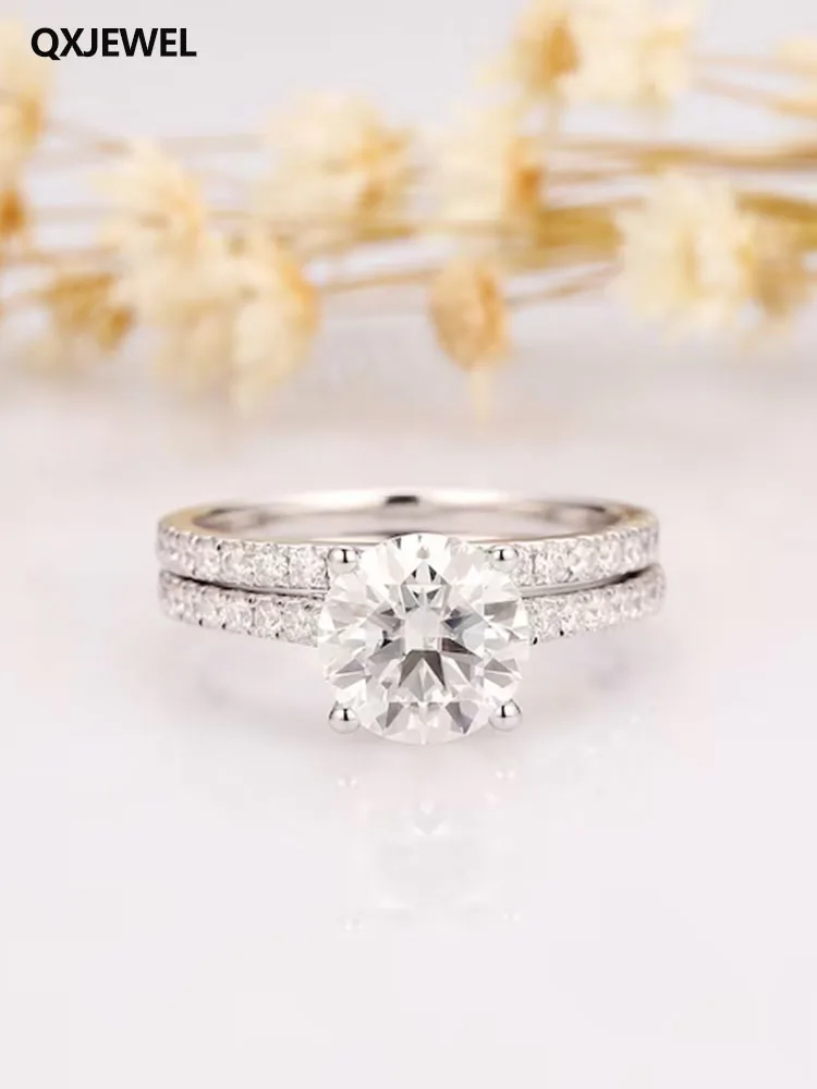 

QXJEWEL Vintage 2PCS Round Bridal Set 1.5CT Round Cut Moissanite Wedding Engagement Ring Set Half Eternity Bands