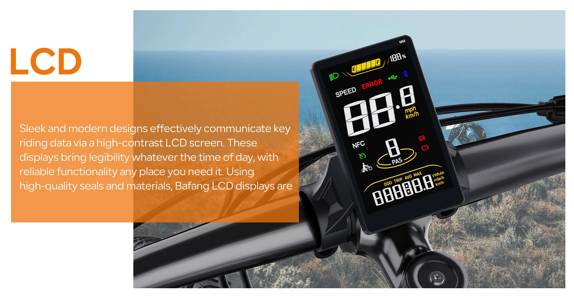 SW2M58 E-Bike Display: 3,8-Zoll-Bildschirm für BAFANG BBS01B/02B HD Mittelmotor mit 0-9 PAS-Stufen, UART-Protokoll E-Bike Computerpanel – Detail 1