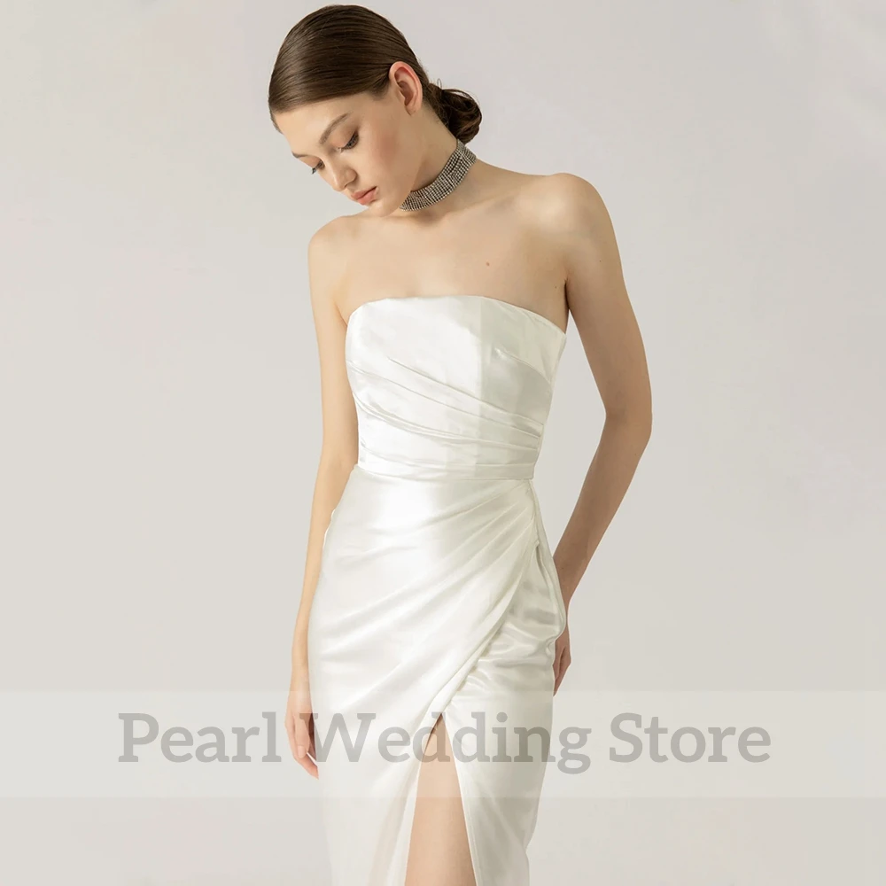 Simple Strapless High Side Slit Wedding Dress Sheath Bridal Pleat Sleeveless Open Back Civil Custom Made Bride Zipper Gowns