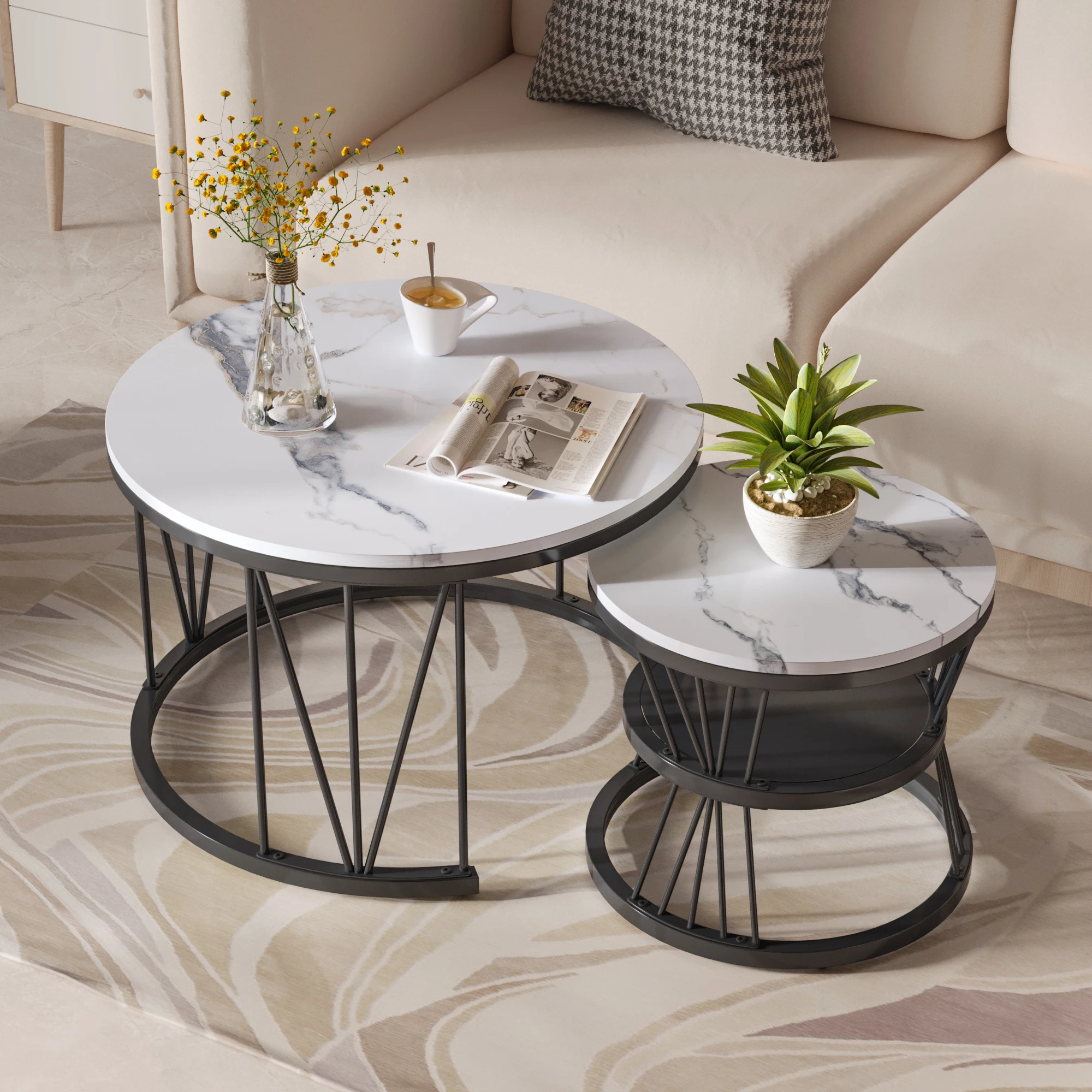 2er Set runder Couch tisch, Wohnzimmer tisch, moderner Sofa tisch mit Metallrahmen, für Wohnzimmer,
