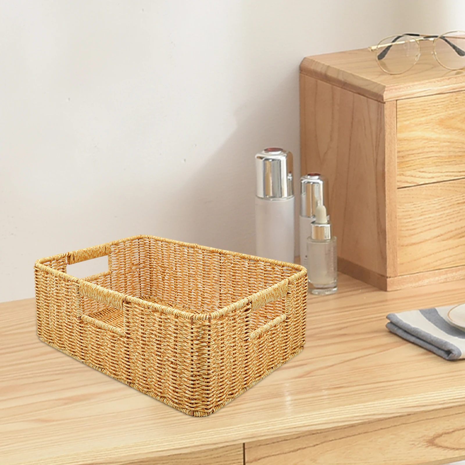 Rattan Storage Basket Serving Organizer Hand Woven Container Storage Bin for Kitchen Household Living Room Farmhouse