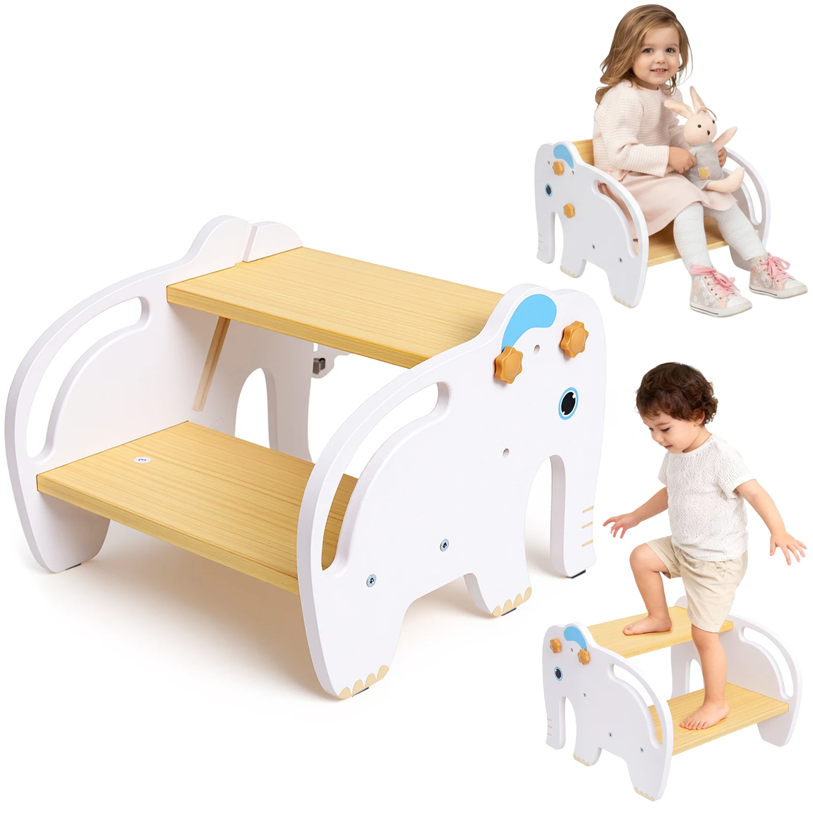 Wooden Step Stool for Kids Toddlers 2 in 1 Two Step Stool for Bathroom Sink Potty Training Durable Kitchen Helper Standing Tower Lounge Chair Non Slip Heavy Duty Nursery Wooden Stepping Stool for Living Room Bed, White Elephant/Aesthetic Wood