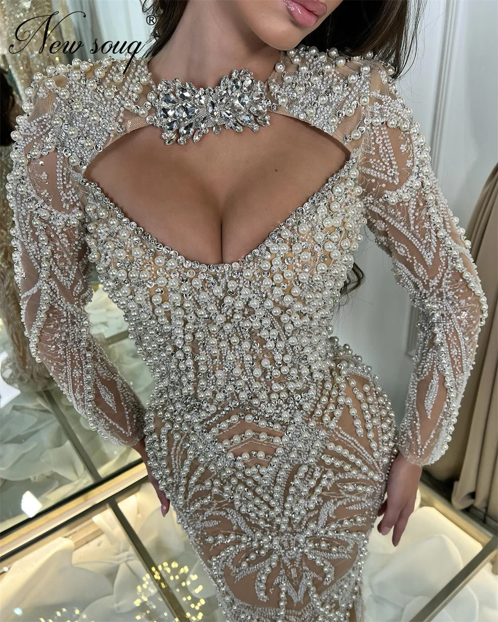 الشمبانيا اللؤلؤ فساتين لحضور الحفلات الموسيقية الفاخرة مسلم طويل الأكمام الديكور مساء اللباس للنساء مخصص رداء حفلات الزفاف الجلباب