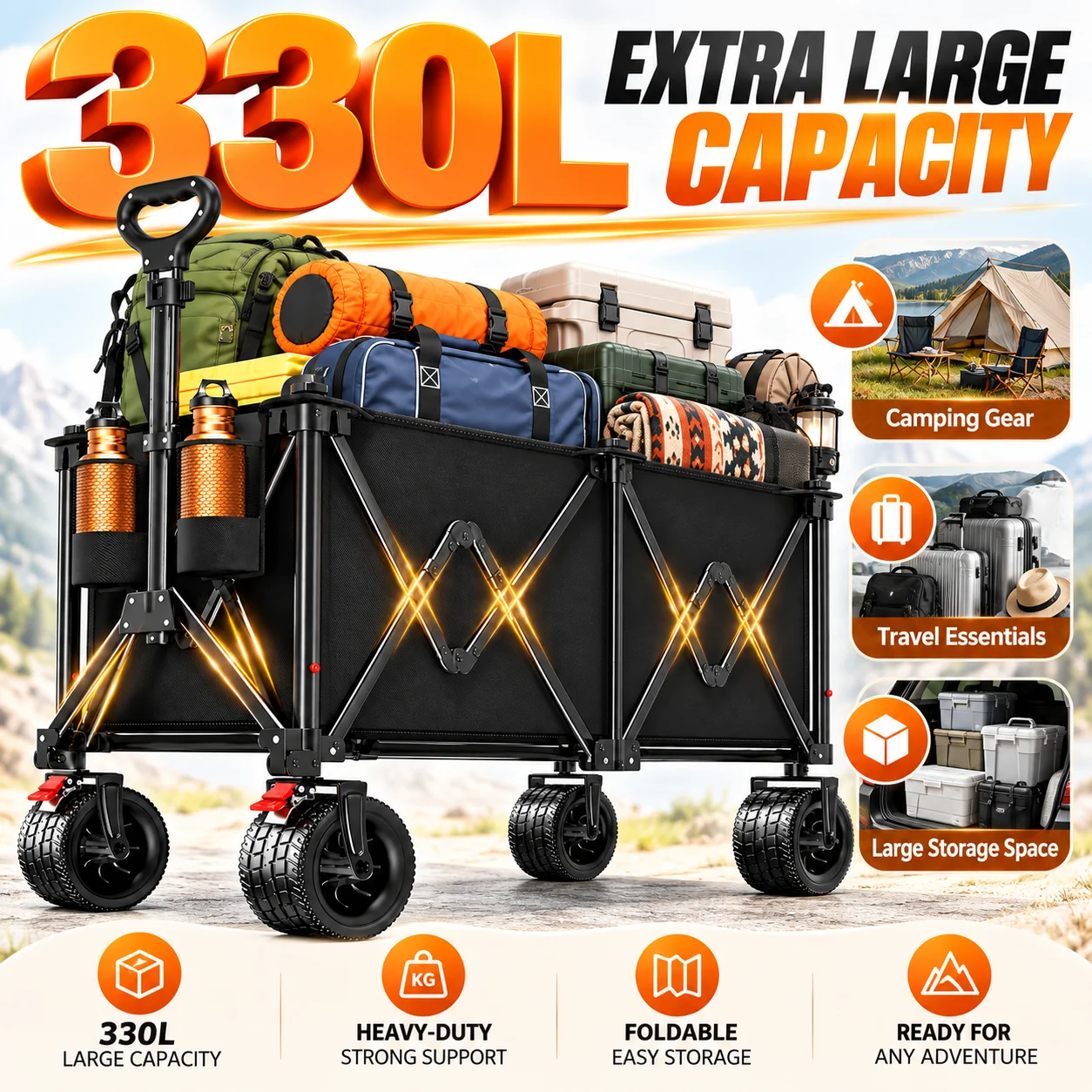 330L 870LBS Heavy Duty Folding Wagon Cart, Extra Large All-Terrain Utility Wagon with Reinforced Steel Frame, Adjustable Handle & Wide Wheels for Camping, Shopping, Garden, Sports and Outdoor Hauling