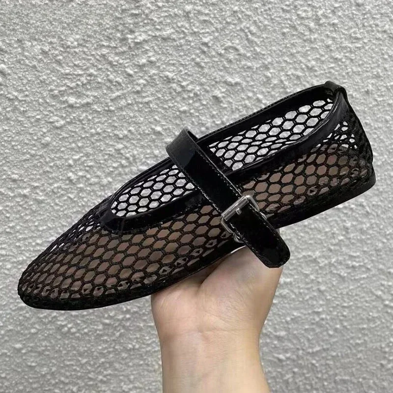 Mesh Frauen Ballett schlägt Schuhe Sommer Luxus Sandalen Damen Rom Freizeit Runde Zehen Schnalle