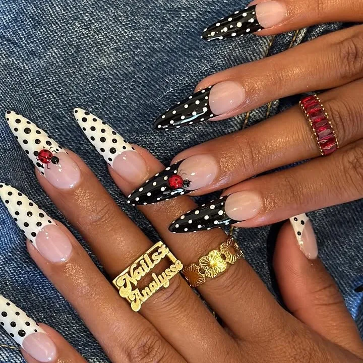 

False Nails Black White Ladybug Polka Dot Nail Ladybugs 3D Lady Bug French Tips Nail Long Almond Acrylic Handmade Press on Nails