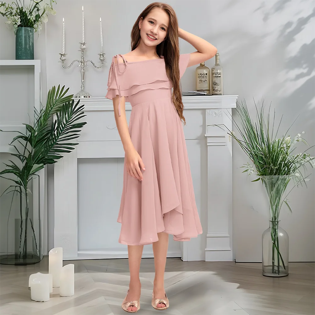 

Luxurious Off Shoulder Junior Bridesmaid Dress Harbor Blue Flower Girl Dress Asymmetrical Chiffon With Tiered Cascading Ruffles
