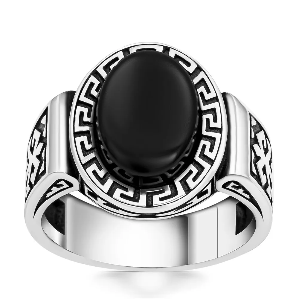 Elegant Solid 925 Sterling Silver Greek Design Oval Onyx Stone Motif Men's Ring Punk Chic Accessory Handmade Jewelry Gift