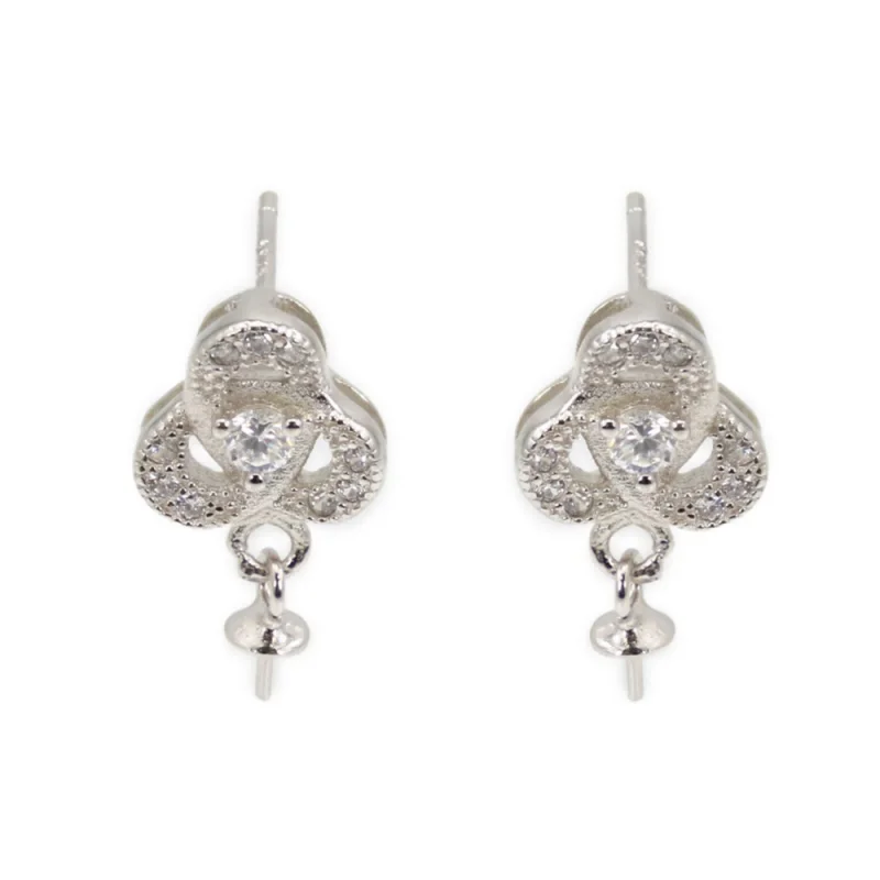 

2pcs 925 Sterling Silver 15x9mm Blank Flower Dangle Earring Settings Findings With Zirconia Fit For Half-drilled Beads
