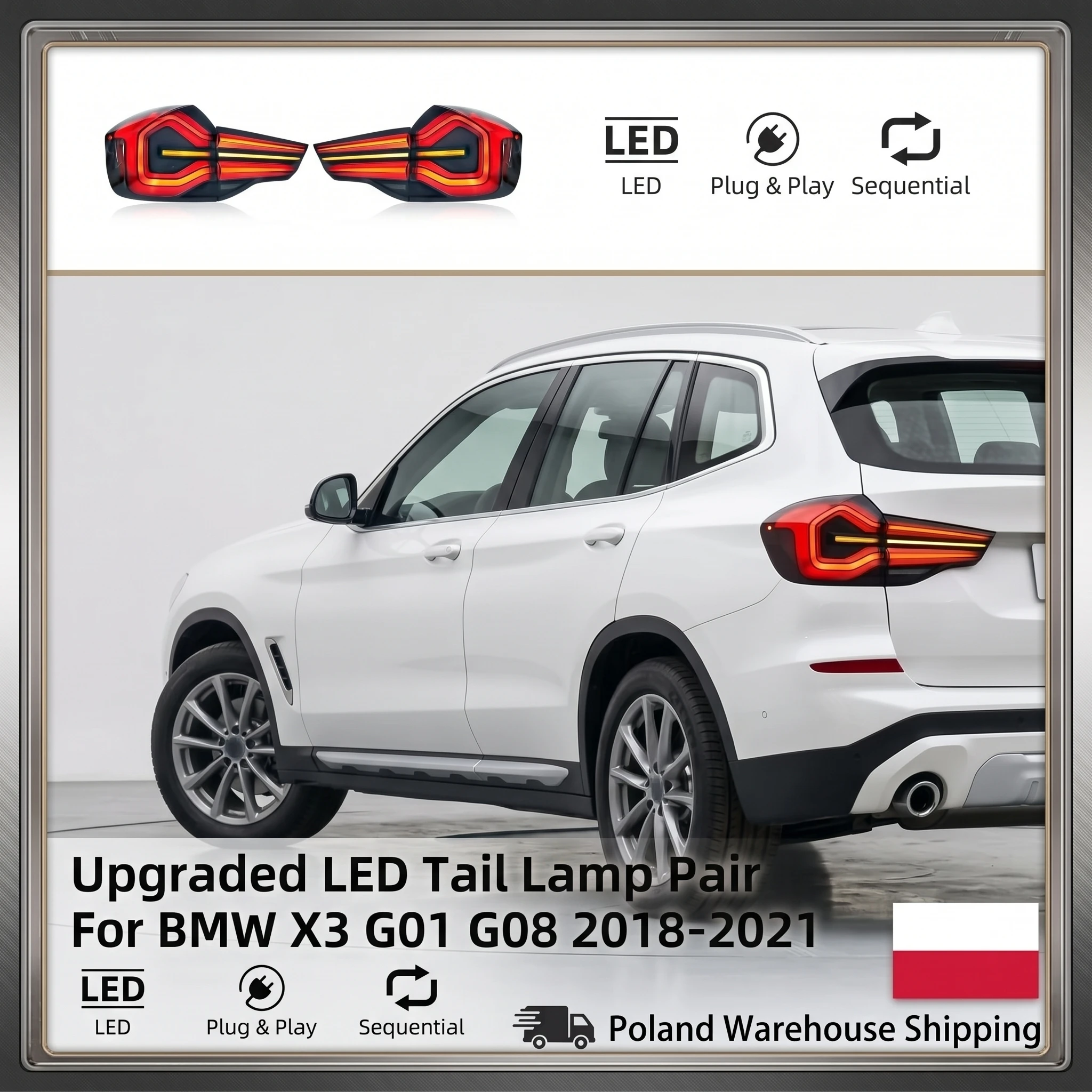 Paar Upgrade-LED-Rückleuchten BMW X3 G01 G08 2018-2021, dynamischer sequenzieller Blinker, Brems- und Rückfahrleuchte, klare Anti-Fade-Linse, wasserdichte, abgedichtete Struktur, 12V