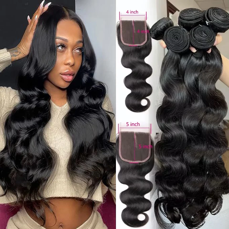 Extensiones de Cabello Humano 100% Remy con Cierre de Encaje 4x4 5x5 y Ondas Corporales, Trama de Cabello Humano 2x6 con Parte Media