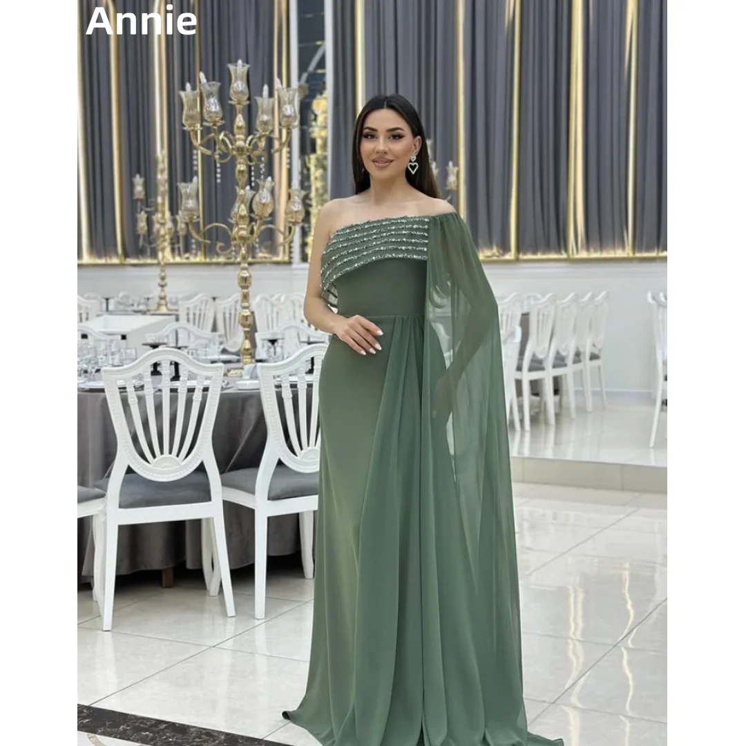 

Annie Chiffon Shawl Prom Dresses Sequin Embroidery Light Green Evening Dresses A-Shape Elegant Lady Party Dresses فساتين سهرة