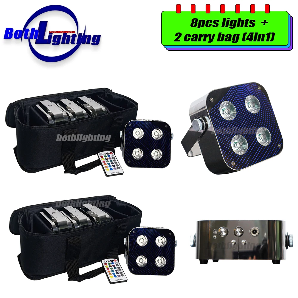 8pcs with 2bags 4x12w LEDs Uplighting Mini Spot Lights Wireless Dmx Battery Par Light with RF remote