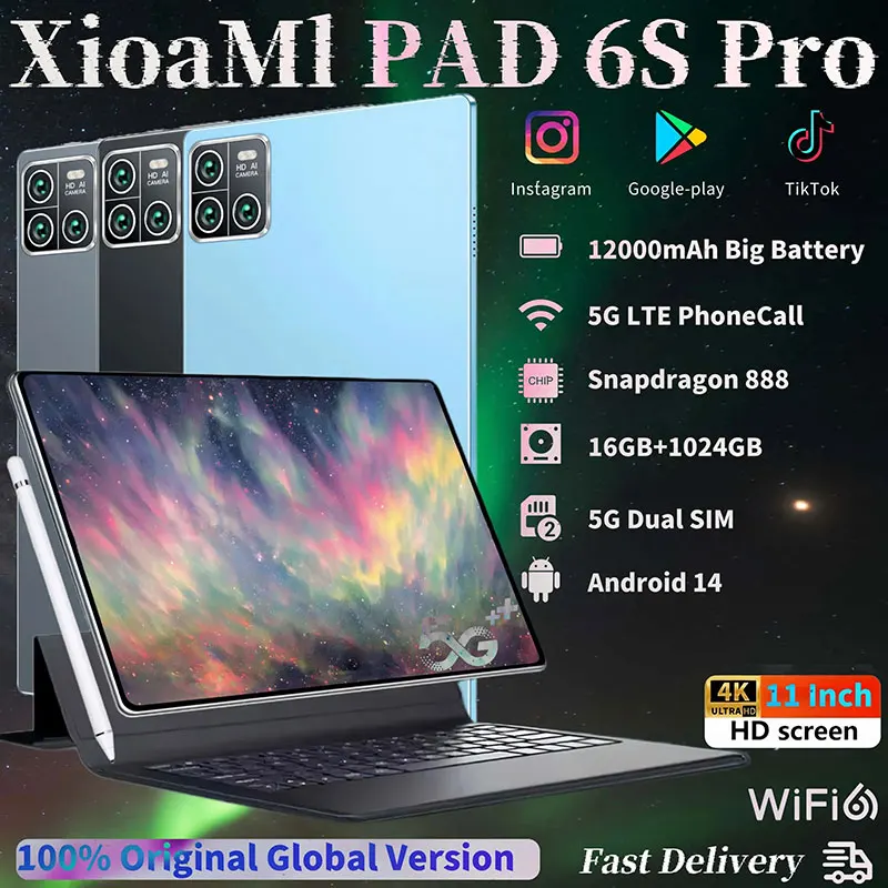 2024 versione globale originale XioaMi PDA 6S Pro Tablet Android14 Snapdragon 888 11 pollici 16GB + 1TB 12000mAh 5G Dual SIM WiFi Tables