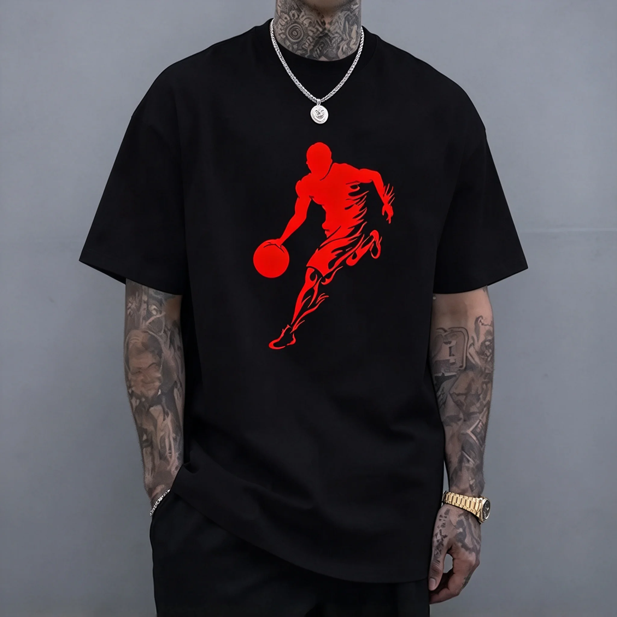 Men's Basketball Player Dunk Graphic T-Shirt Red Silhouette Print Short Sleeve Tee Summer Casual Hip Hop Streetwear Loose Cotton T Shirts Sport Fan Tops