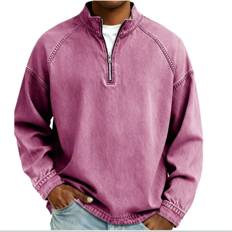 Henley Shirts for Men Quarter Zip Pullover Vintage Distressed Stand Collar Polo Denim Sweat Long Sleeve Sweatshirts Mock Neck view 3