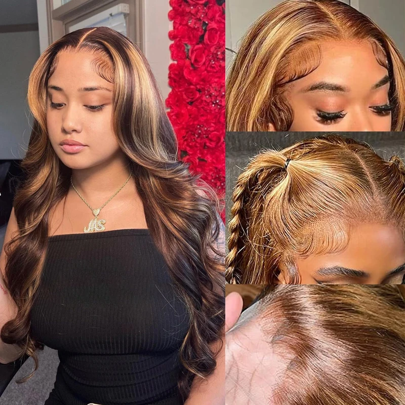 Highlight Ombre Honey Blonde Body Wave 13x6 Lace Front Wigs Human Hair Pre Plucked 200 Density 4/27 Colored for Women 28 Inch