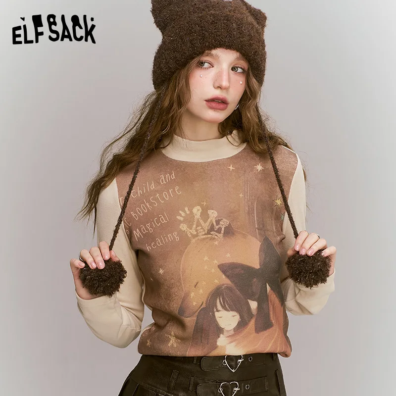 

ELFSACK 2024 Winter New Arrivals Retro original printed semi high neck long sleeved t-shirt for women