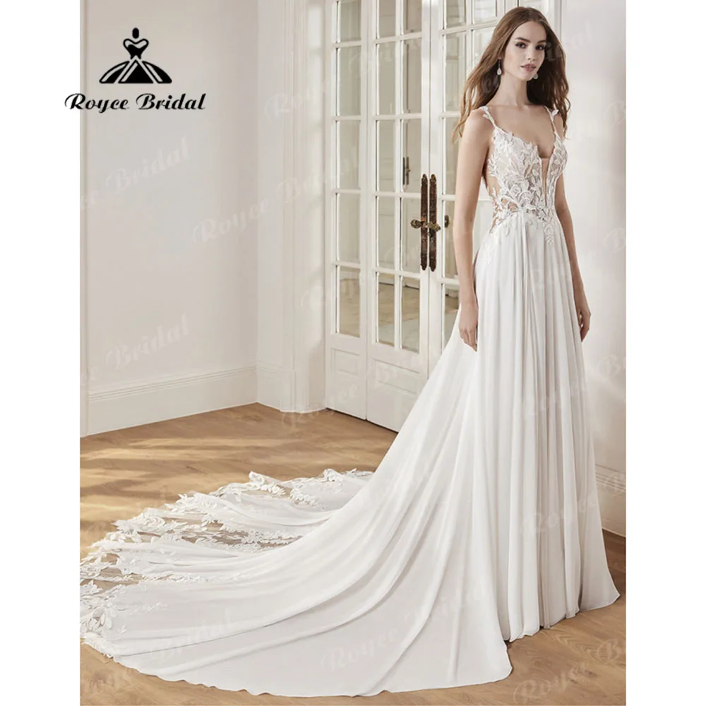 Robe boheme abito da sposa Boho in pizzo Chiffon con scollo a V profondo per le donne 2024 spalline senza spalline abito da sposa senza schienale abiti