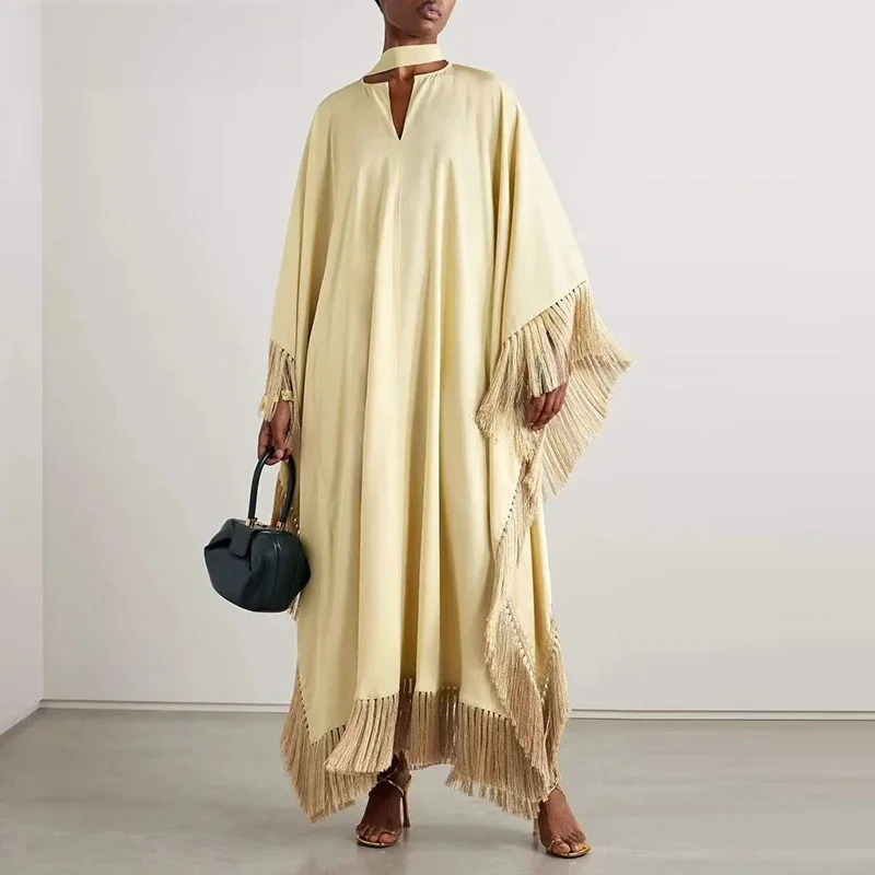 Gewaden Vrouw Effen Kwastje Onregelmatige Lange Jurken Lente Flare Lange Mouw Losse Maxi Jurk Mode V-hals Tie-up Boho Feestjurk - afbeelding 2