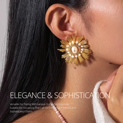 Luxurious 24K Gold Plated Stud Earrings Natural Pearl Earrings Blooming Sunflower Earrings with Zirconia for Women Jewelry Gift