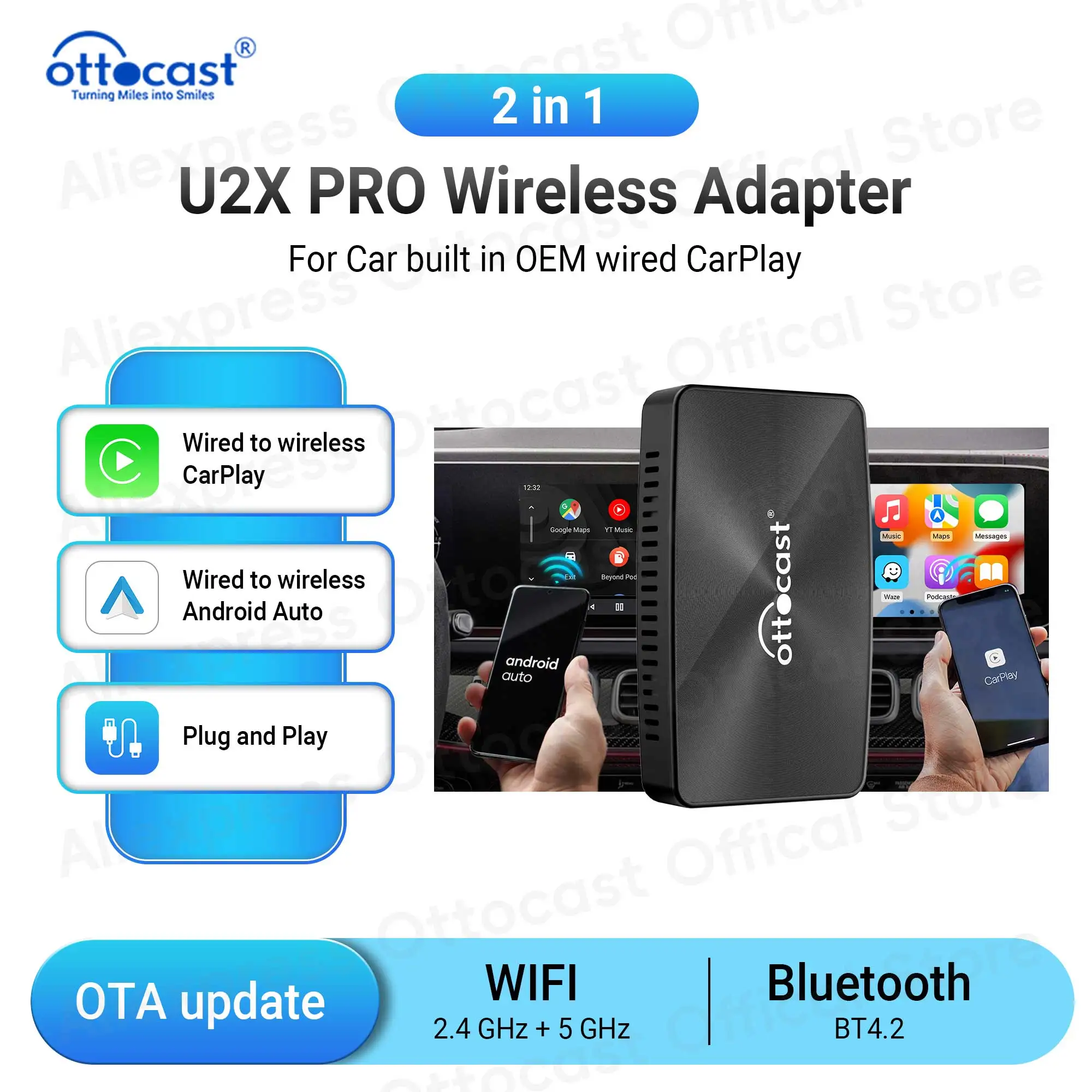 OTTOCAST U2X PRO Wireless CarPlay Adapter Car Accessories 2 in 1 for OEM Car Plug and Play for Benz Audi VW Mazda Toyata