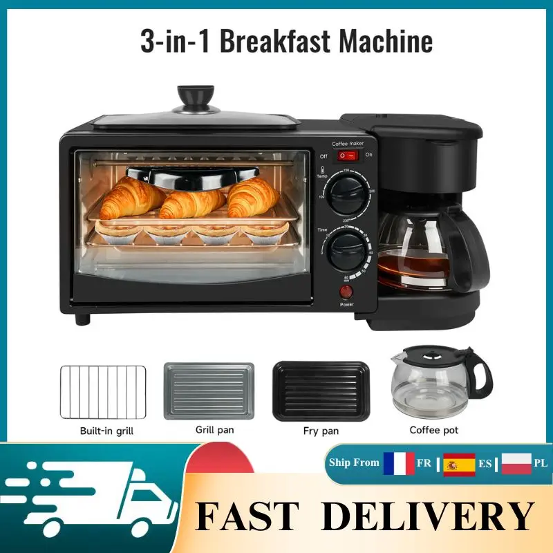 Station de petit-déjeuner 3 en 1 avec cafetière, machine à petit-déjeuner multifonction 9L avec pot à café, mini-four pour griller des toasts, des saucisses, des steaks