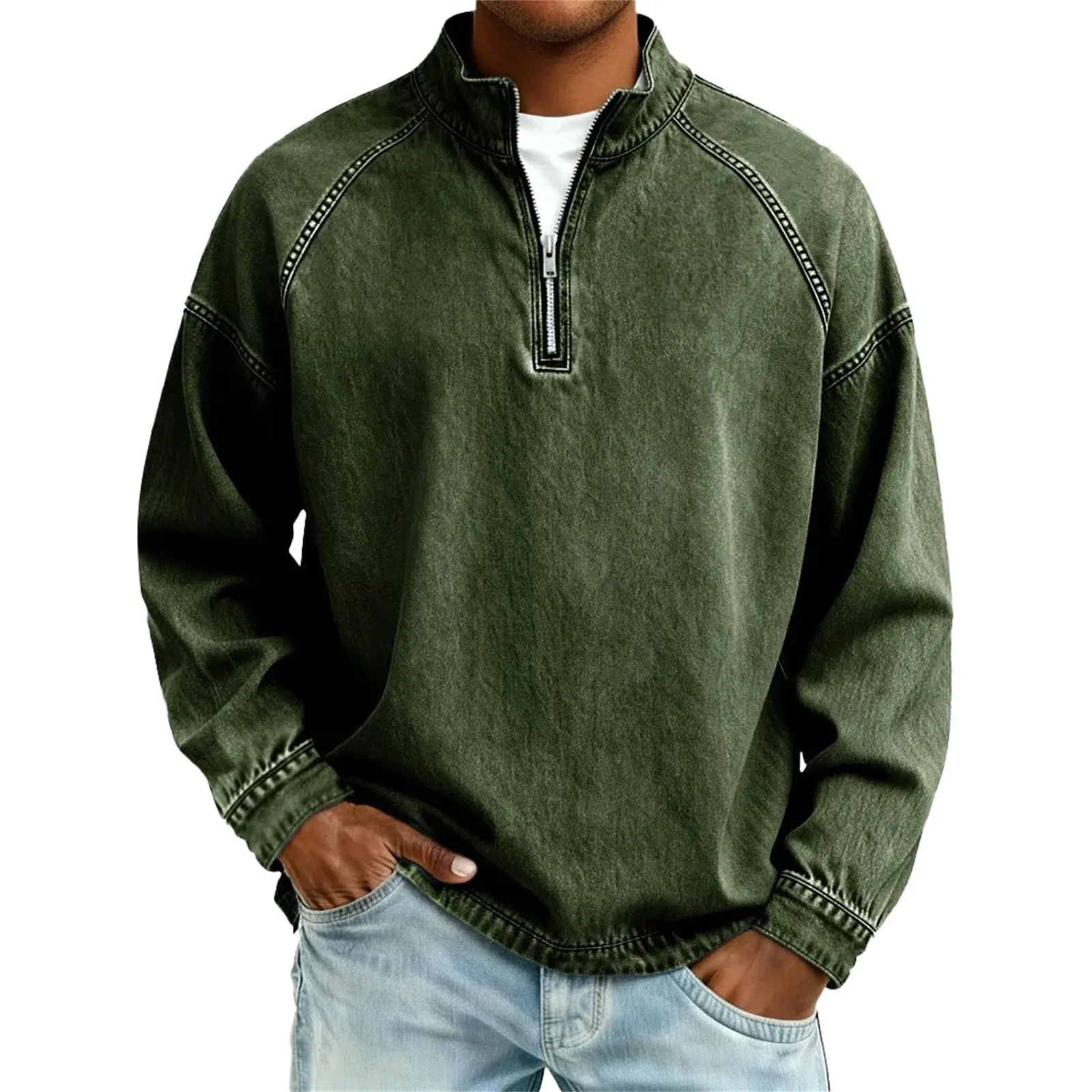 Zipper Not Hooded Set Casual with Washed Finish Winter Patchwork Detail Stand Collar Regular Sleeve Long Sleeve Daily for Men