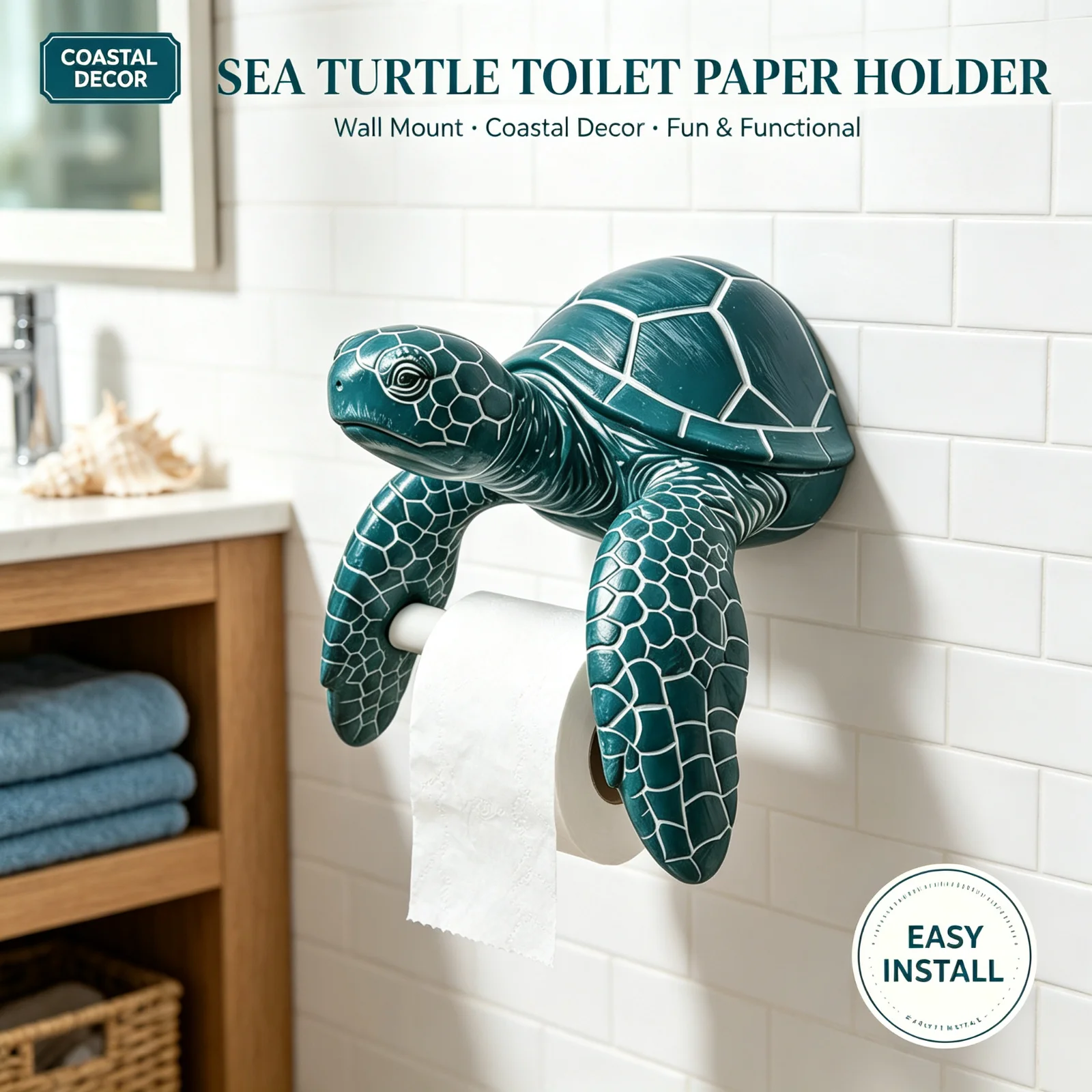 3D Printed Turtle Paper Holder Tissue Hanger Wall-Mounted Paper Towels Holdler Bathroom Decor Coastal Beach Themed Decor