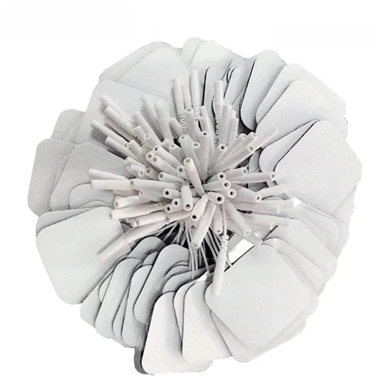 20/50/100 sztuk 5x5cm 2mm wtyczka elektrody wielokrotnego użytku dziesiątki elektrody podkładki do stymulatora mięśni nerwowych cyfrowy masażer do fizjoterapii — zdjęcie 2