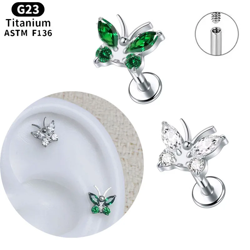 NORYAN ASTM F136 Titanium CZ Butterfly Internal Threaded Stud Earring, 16G Flat Back Cartilage Helix Nose Ear Piercing Jewelry