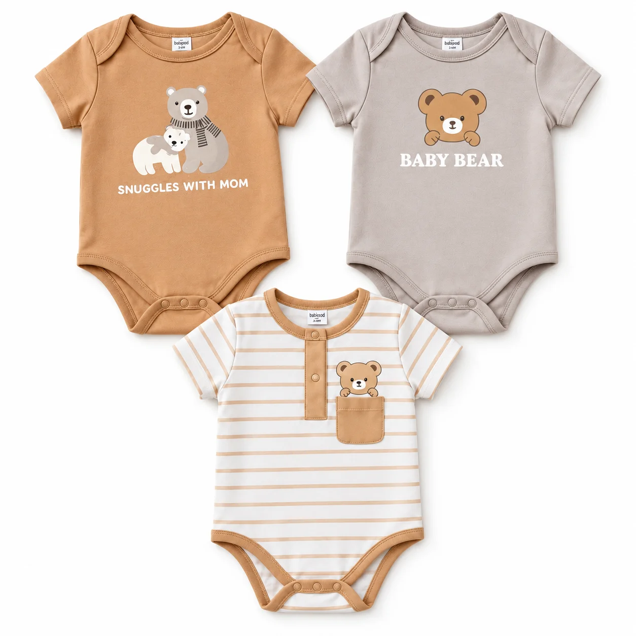 Baby Clothing Neutral - ชุดบอดี้สูทเด็กทารก 3 ชิ้น ลายหมีน่ารัก แขนสั้น ชุดรอมเปอร์เด็กอ่อน