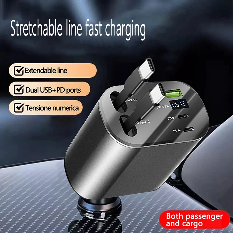 120W Schnelles Einziehbares Auto-Ladegerät mit 2 USB-C-Kabeln - Stecker, Auto-Ladelösung |   Kompaktes Ladegerät |   Einziehbares Kabel