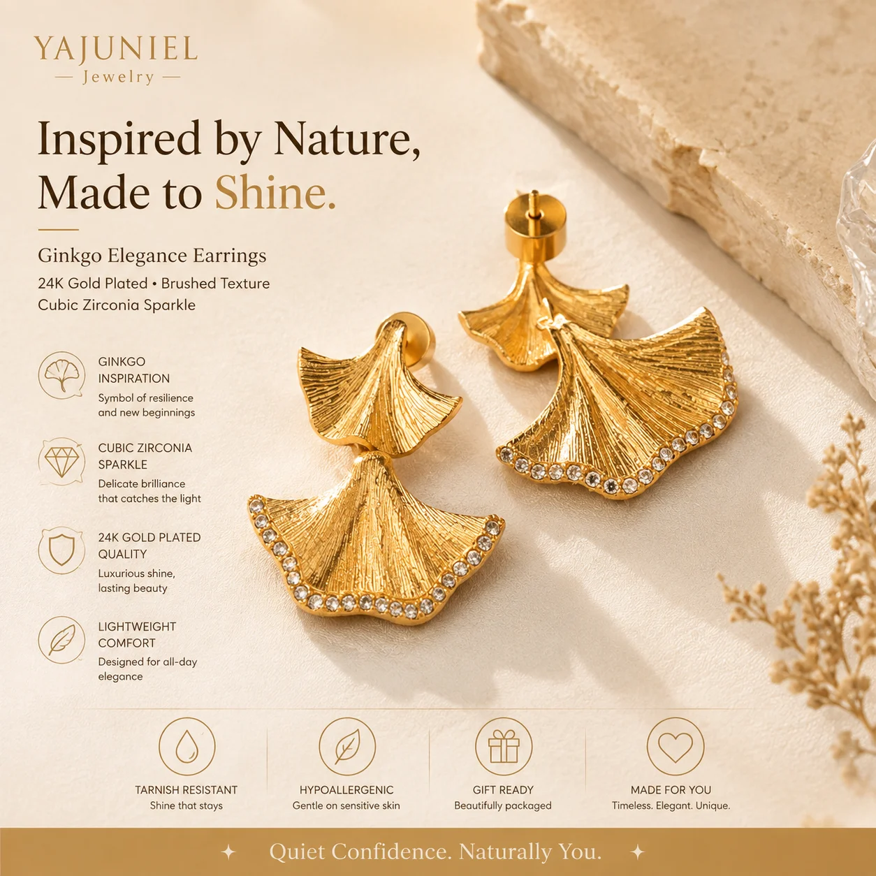 YAJUNIEL 24K Gold Plated Brushed Ginkgo Leaf Drop Earrings for Women Hypoallergenic Brass Fan Dangle Earrings Jewelry Gifts