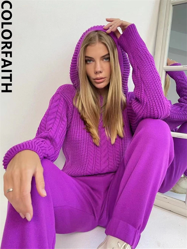 Colorfaith 2022 New Sweaters With Pants Knitted Warm Fashionable Autumn Winter Women Sets Two Pieces Tracksuit Suits WS2003JX