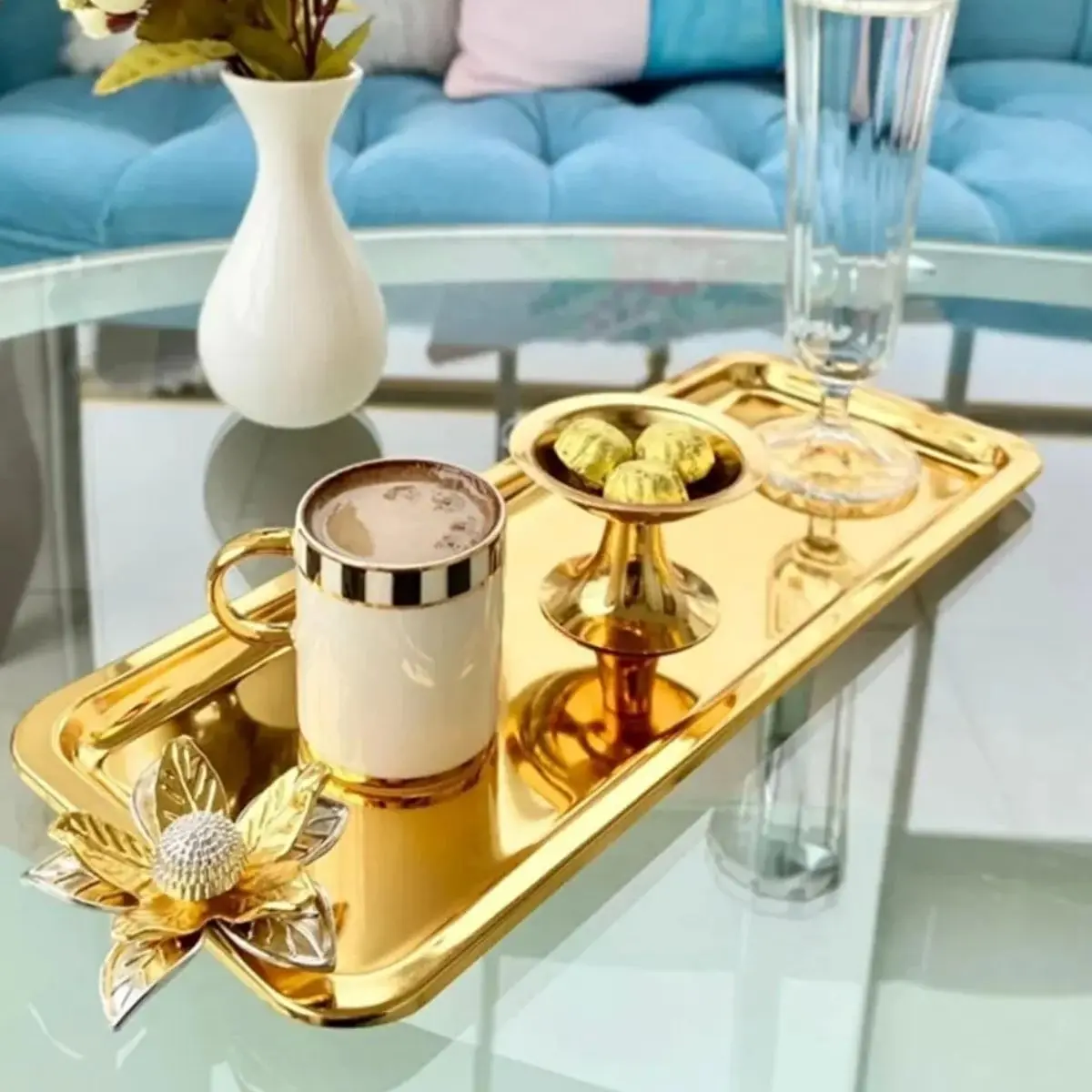 

6-Piece Lily Floral Luxury Baton Stainless Steel Tea And Coffee Serving Trays Stylish Design Handmade Special Occasions Wedding