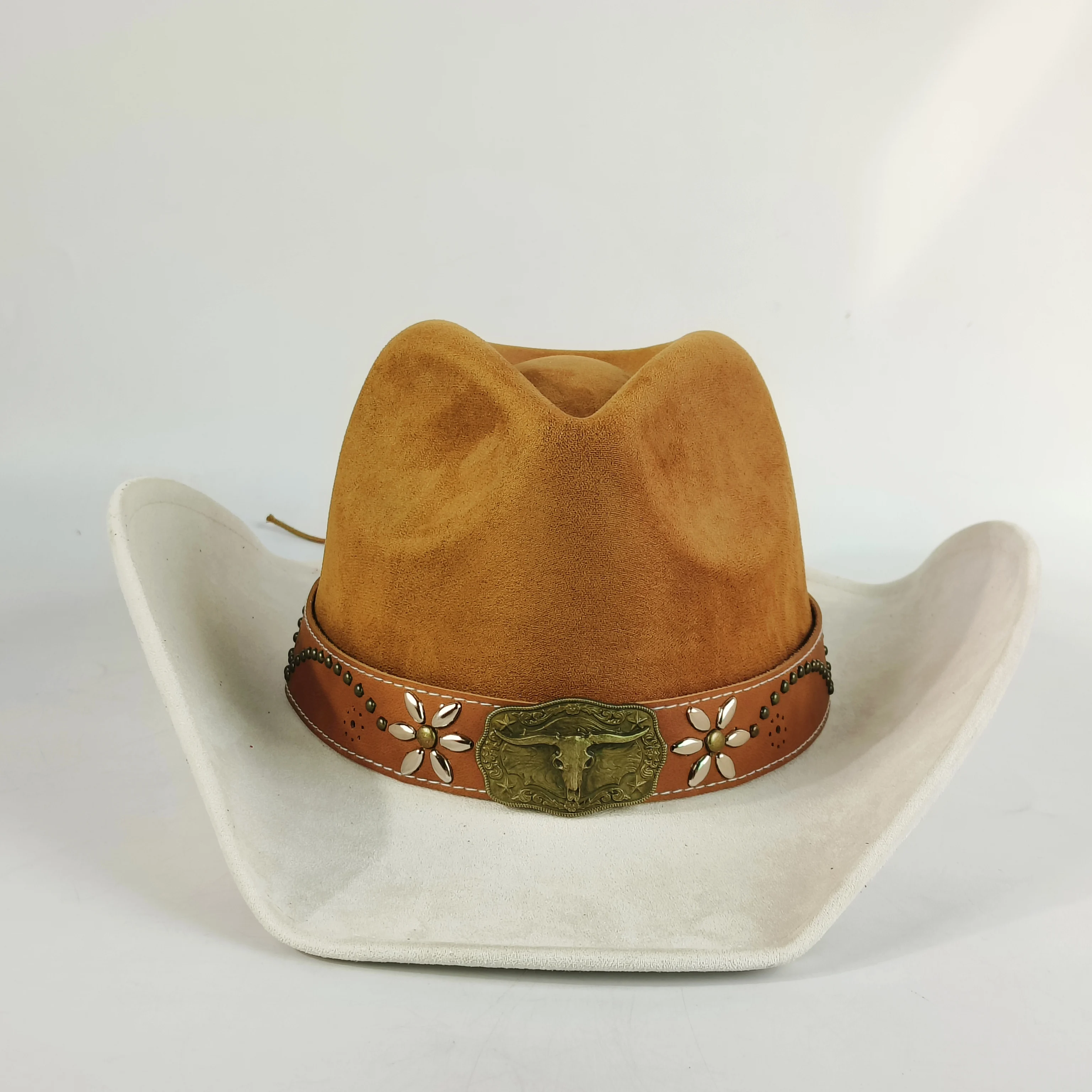 Neuer farbblockierter Western-Cowboyhut für Herren, Retro-Wildleder-Cowboyhut für Herren, breite Krempe, Filz-Fedora-Hut, Vintage-Panama-Muster für Herren