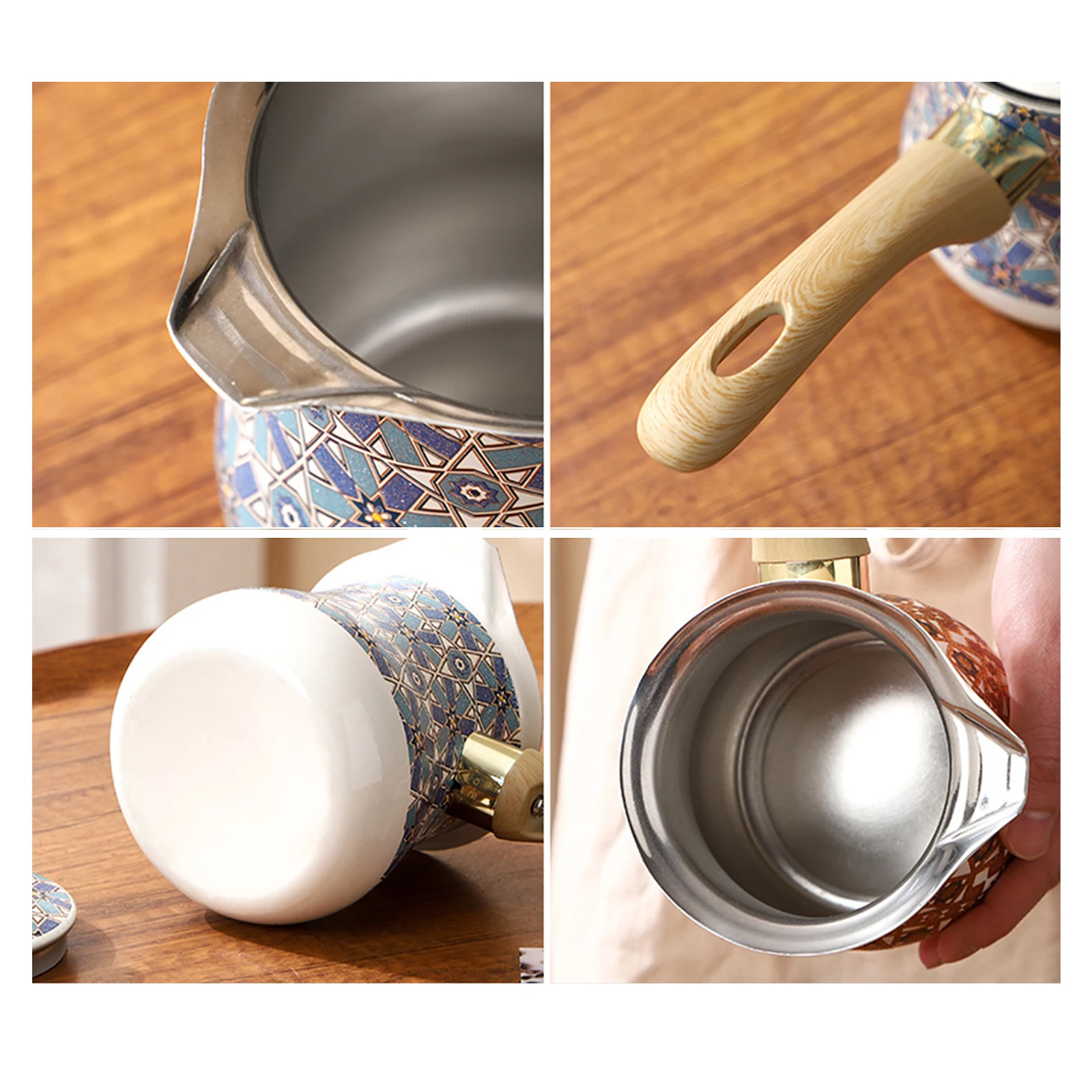 إبريق قهوة تركي سعة 550 مل بمقبض خشبي طويل مع غطاء على الطراز اليوناني، كوب إبريق قهوة من الفولاذ المقاوم للصدأ للمطبخ العربي المقاوم للصدأ