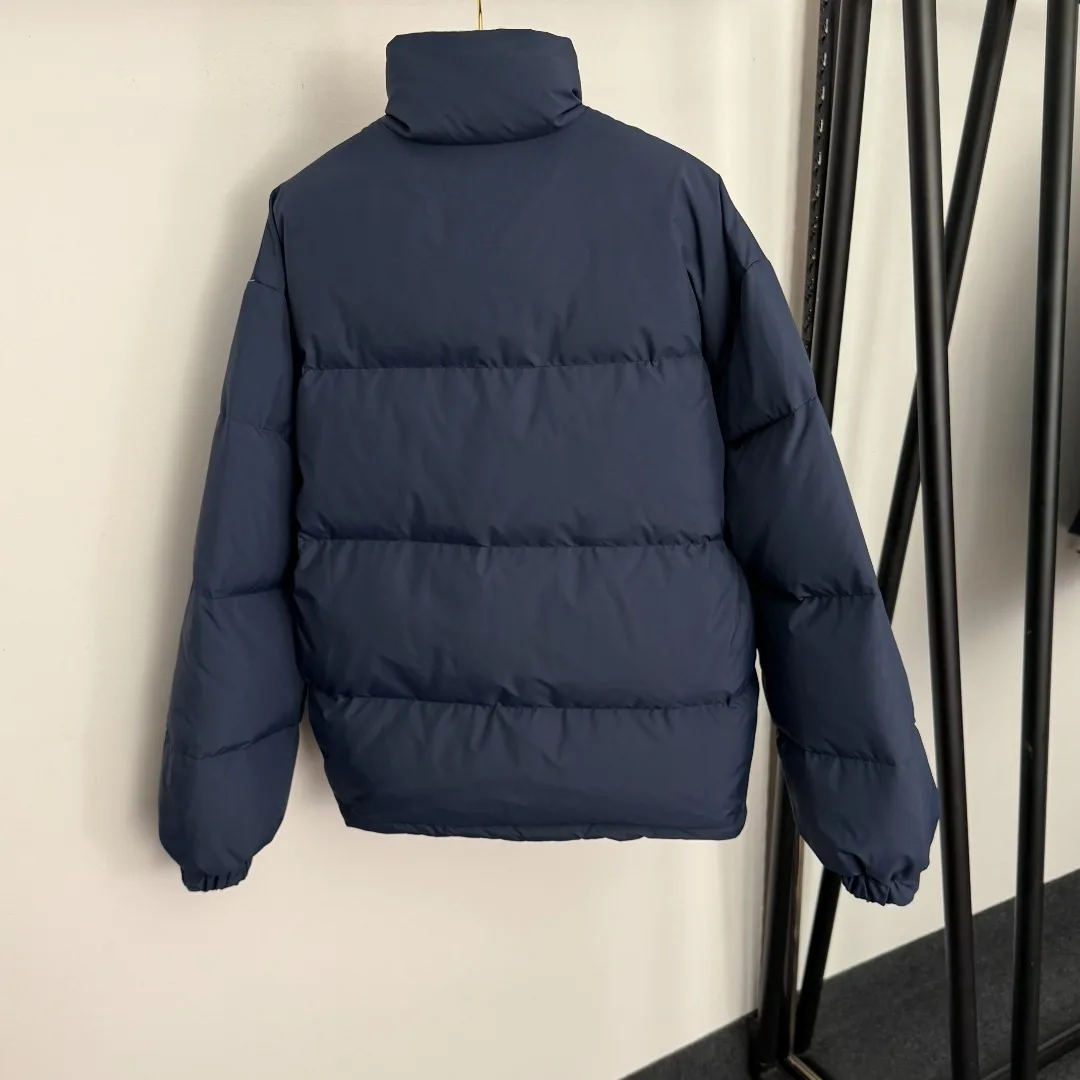 

Women's Navy Stand-Collar Puffer Jacket - Utility Pocket Contrast Lining Warm Winter Quilted Coat
