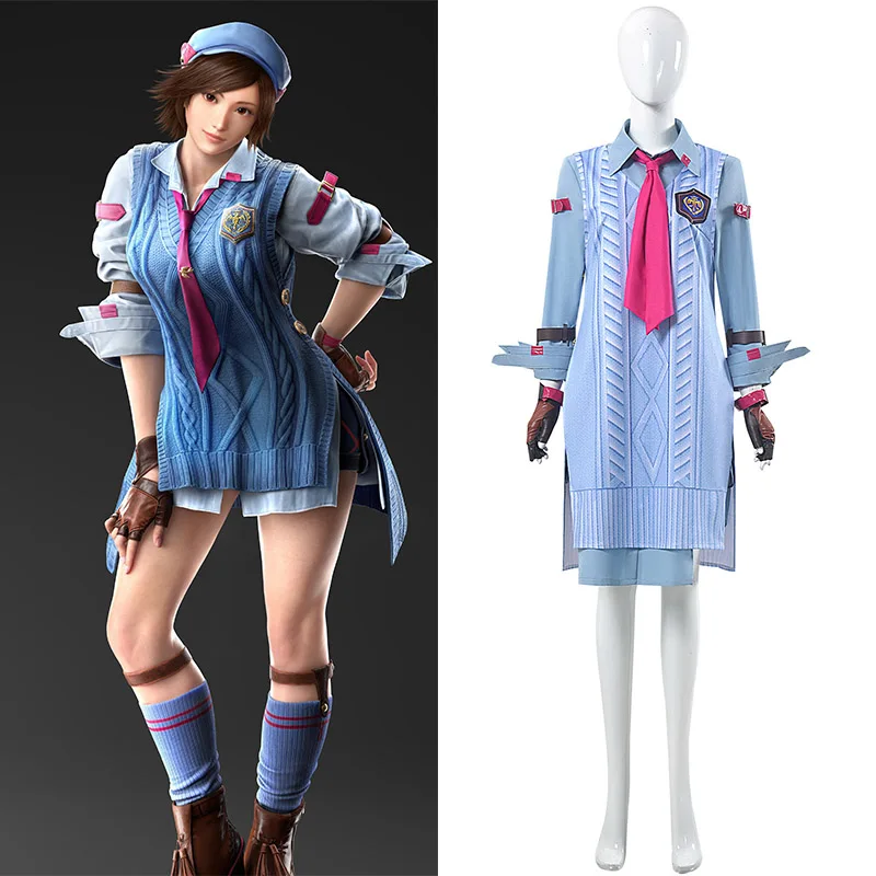 

2025 New Game Tekken 8 Asuka Kazama Cosplay Women Blue Vest Shirt Pants Osaka Schoolgirl Suit Female Halloween Costume