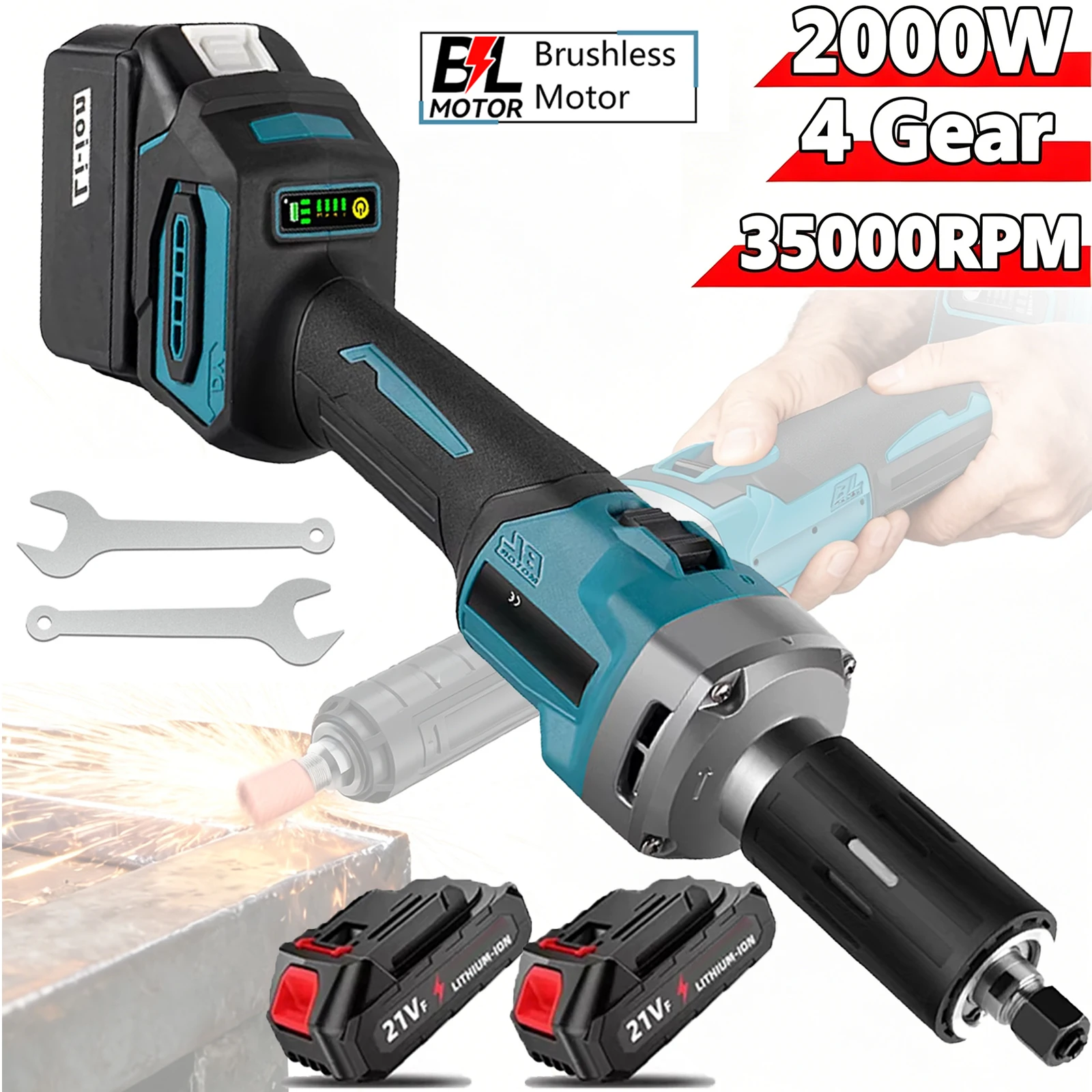 Elektryczna szlifierka bezszczotkowa 2000W, 4 biegi, akumulatorowa, z regulacją prędkości, narzędzie obrotowe do cięcia i polerowania kamienia, drewna, metalu, zestaw narzędzi zasilanych baterią 21V.
