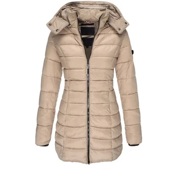 Women’s Winter Padded Parka 6 Winter Thicken Warm Women Parkas Solid Color Zippers Coats Long Sleeve Padded Puff Jacket Mid-Length Slim Female Hoodie Parkas 6