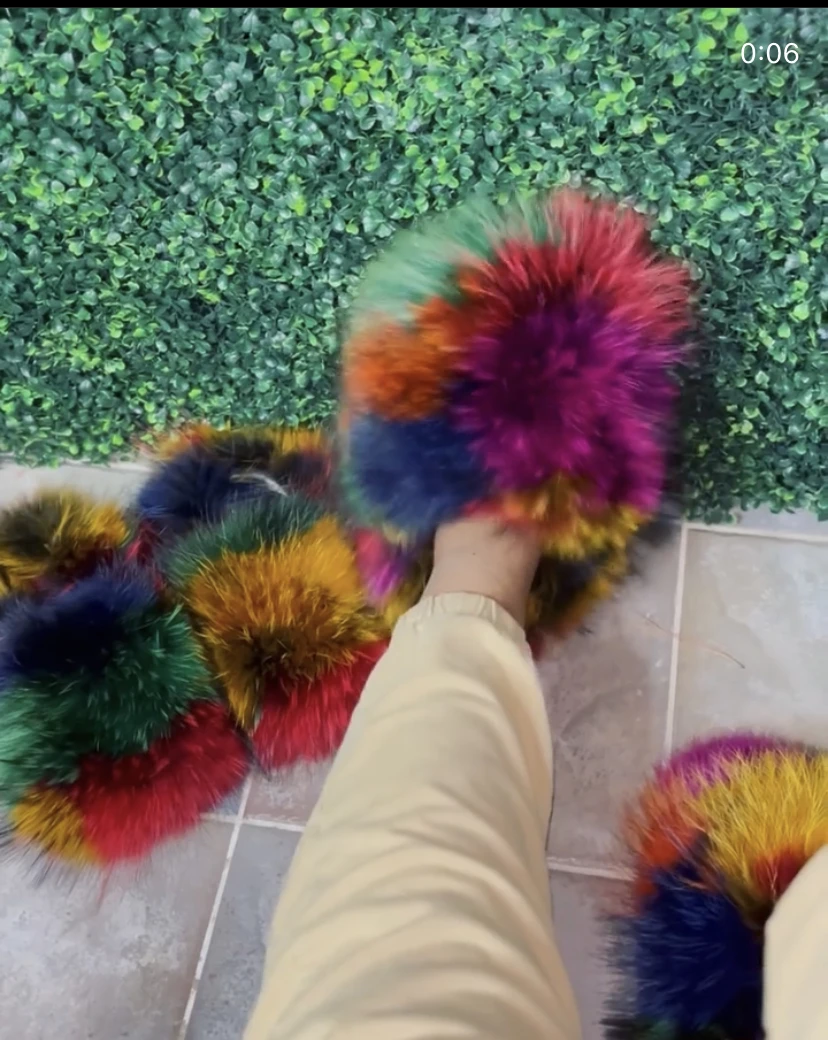 HSFUR Raccoon Fur Slippers Tan 3